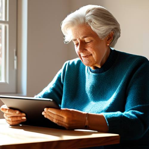 A serene Italian elderly woman, fully clothed in modest, comfortable attire, confidently interacting with a tablet. She is seated at a well-lit wooden table in a cozy, modern home living room. A gentle ray of sunlight streams through a window, illuminating the scene. Her expression is one of calm understanding and empowerment, symbolizing digital ease. The tablet interface is clean and intuitive. Perfect anatomy, correct proportions, natural pose, well-formed hands, proper finger count, natural body proportions. Professional photography, high quality, safe for work, appropriate content, fully clothed, family-friendly.