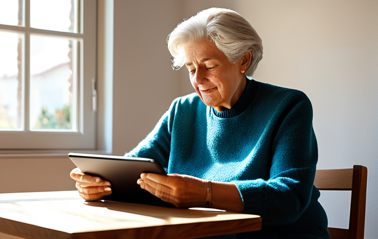 A serene Italian elderly woman, fully clothed in modest, comfortable attire, confidently interacting with a tablet. She is seated at a well-lit wooden table in a cozy, modern home living room. A gentle ray of sunlight streams through a window, illuminating the scene. Her expression is one of calm understanding and empowerment, symbolizing digital ease. The tablet interface is clean and intuitive. Perfect anatomy, correct proportions, natural pose, well-formed hands, proper finger count, natural body proportions. Professional photography, high quality, safe for work, appropriate content, fully clothed, family-friendly.