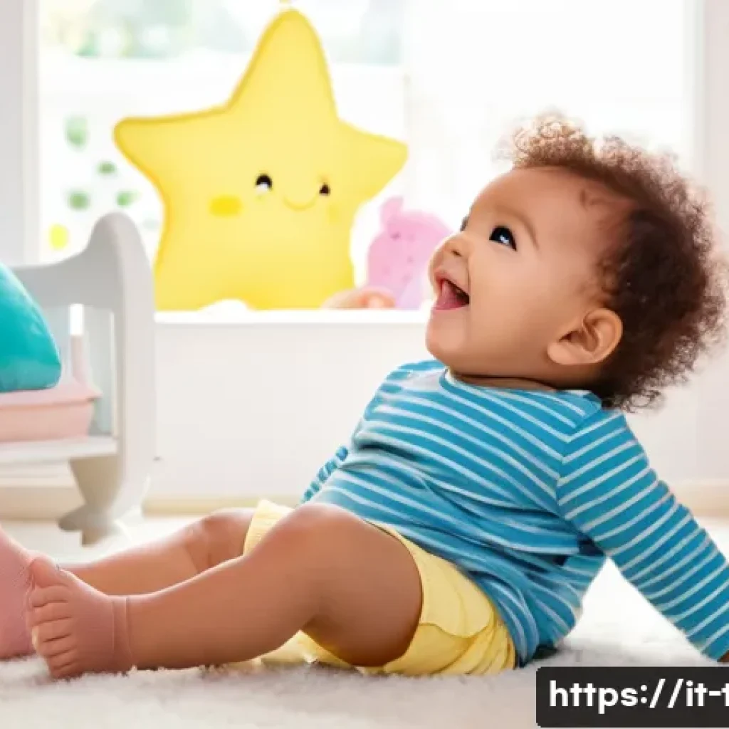 똘똘이 제작사와 제작진 - **A toddler wearing a diaper, giggling while playing with a Ttolttoli plush toy in a sunlit nursery....