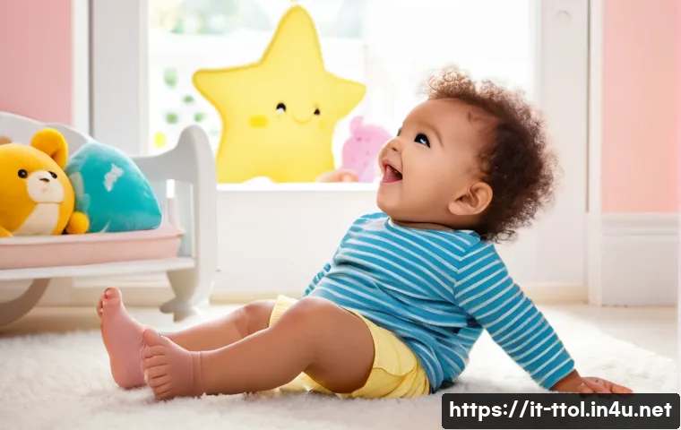 똘똘이 제작사와 제작진 - **A toddler wearing a diaper, giggling while playing with a Ttolttoli plush toy in a sunlit nursery....