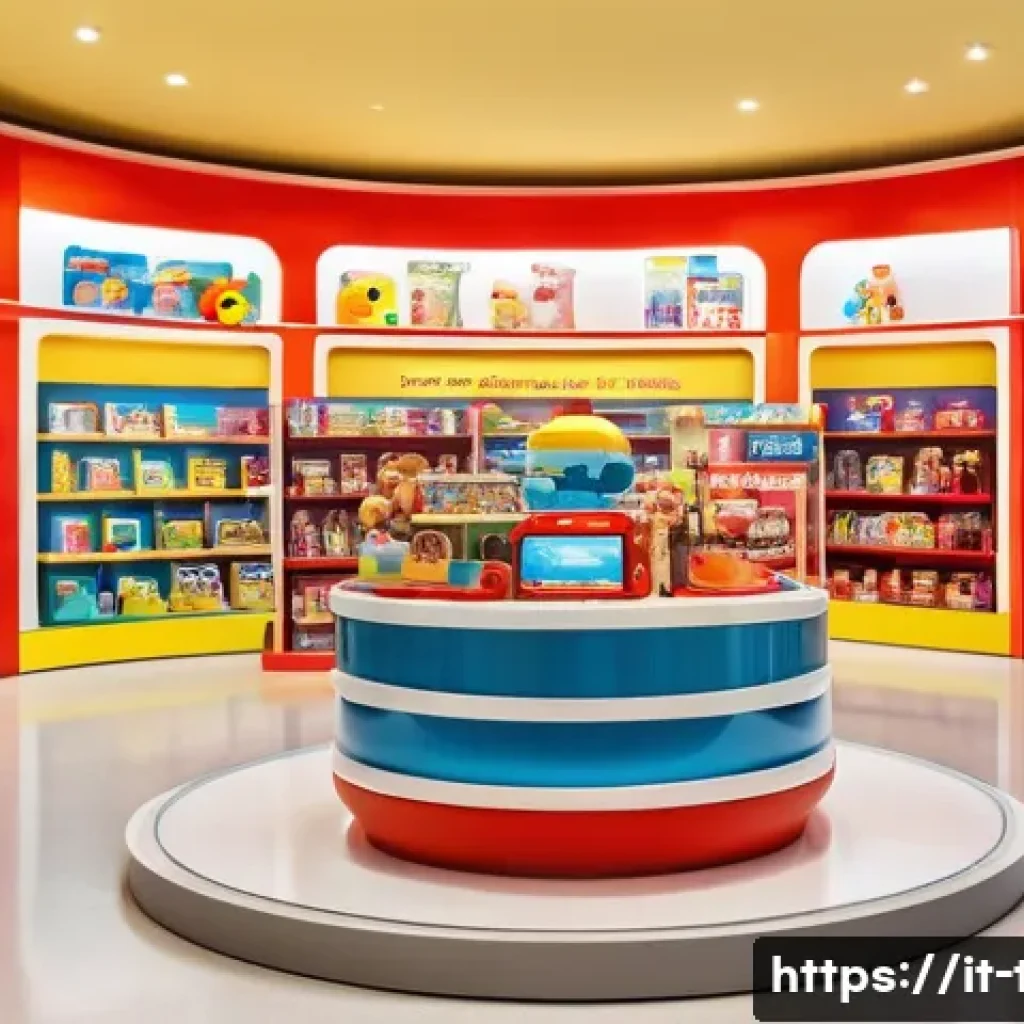 똘똘이 애니메이션 수익 분석 - A vibrant merchandising showcase scene in a modern Italian toy store, featuring colorful shelves fil...