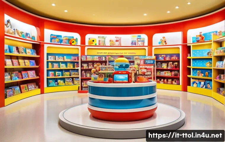 똘똘이 애니메이션 수익 분석 - A vibrant merchandising showcase scene in a modern Italian toy store, featuring colorful shelves fil...
