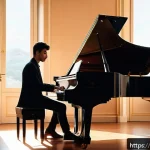 Home 22 똘똘이 음악 및 OST 분석 - A serene, intimate scene of a young adult pianist playing a grand piano in a softly lit, cozy room f...