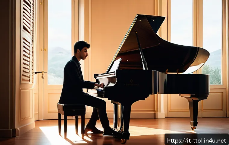 똘똘이 음악 및 OST 분석 - A serene, intimate scene of a young adult pianist playing a grand piano in a softly lit, cozy room f...