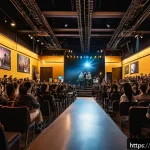 Home 20 똘똘이 팬미팅 후기 - A warmly lit fanmeeting event hall in Milan, filled with excited fans of diverse backgrounds warmly ...