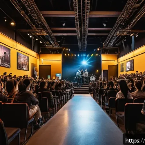 Home 32 똘똘이 팬미팅 후기 - A warmly lit fanmeeting event hall in Milan, filled with excited fans of diverse backgrounds warmly ...