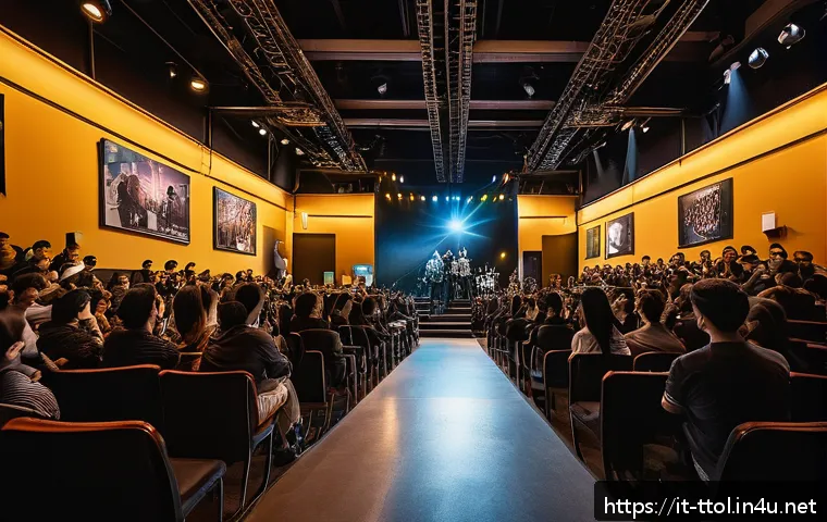 똘똘이 팬미팅 후기 - A warmly lit fanmeeting event hall in Milan, filled with excited fans of diverse backgrounds warmly ...