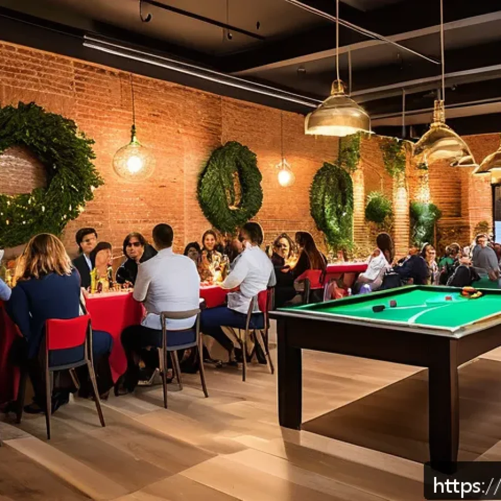 똘똘이 중심으로 한 이벤트 아이디어 - A vibrant social event scene set in a stylish Italian venue combining indoor and outdoor spaces, wit...