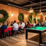 Home 18 똘똘이 중심으로 한 이벤트 아이디어 - A vibrant social event scene set in a stylish Italian venue combining indoor and outdoor spaces, wit...