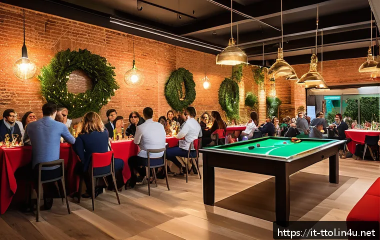 똘똘이 중심으로 한 이벤트 아이디어 - A vibrant social event scene set in a stylish Italian venue combining indoor and outdoor spaces, wit...