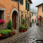 Home 23 똘똘이 세계관에 등장하는 마을들 - A charming ancient Italian village street scene on a rainy afternoon, featuring narrow cobblestone a...