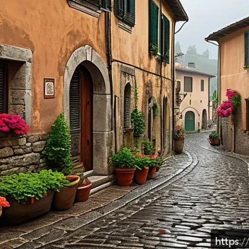 Home 17 똘똘이 세계관에 등장하는 마을들 - A charming ancient Italian village street scene on a rainy afternoon, featuring narrow cobblestone a...