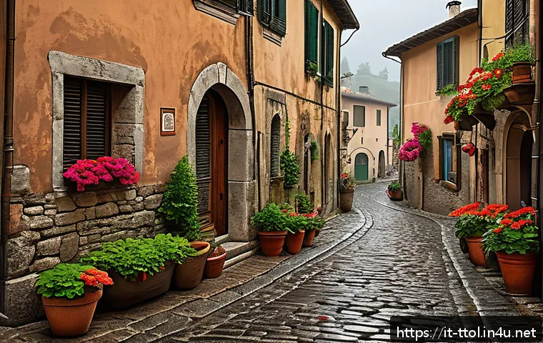 똘똘이 세계관에 등장하는 마을들 - A charming ancient Italian village street scene on a rainy afternoon, featuring narrow cobblestone a...